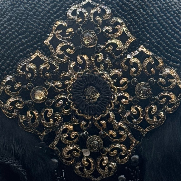 Mary Frances Black Beaded Evening Bag Fur Filigree Rhinestones Rose Handbag - Picture 2 of 5